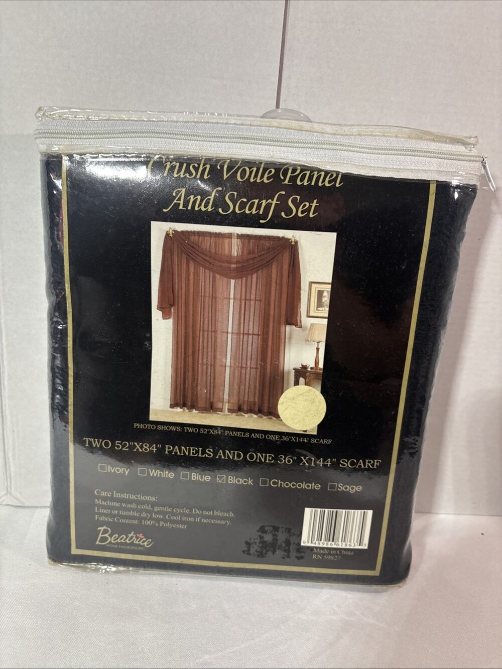 Beatrice Crush Voile Sheer Curtain Set 2 Panels 52x84 Scarf Valance 36x144 Black